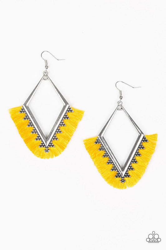 Paparazzi Accessories When in Peru - Yellow A fan of shiny yellow thread flares out from the bottom of a kite-shaped silver frame radiating with studded details for a flirtatious look. Earring attaches to a standard fishhook fitting. Jewelry