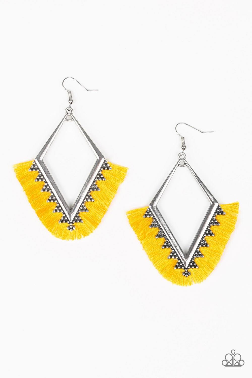 Paparazzi Accessories When in Peru - Yellow A fan of shiny yellow thread flares out from the bottom of a kite-shaped silver frame radiating with studded details for a flirtatious look. Earring attaches to a standard fishhook fitting. Jewelry