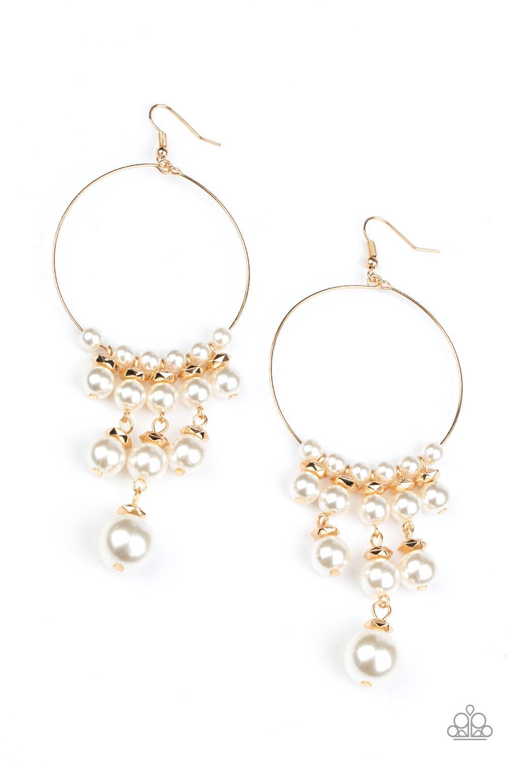 Paparazzi Accessories Working The Room ~Gold Tiers of faceted gold beads and bubbly white pearls dangle from the bottom of a dainty gold wire hoop, creating an elegant fringe. Earring attaches to a standard fishhook fitting. Sold as one pair of earrings.