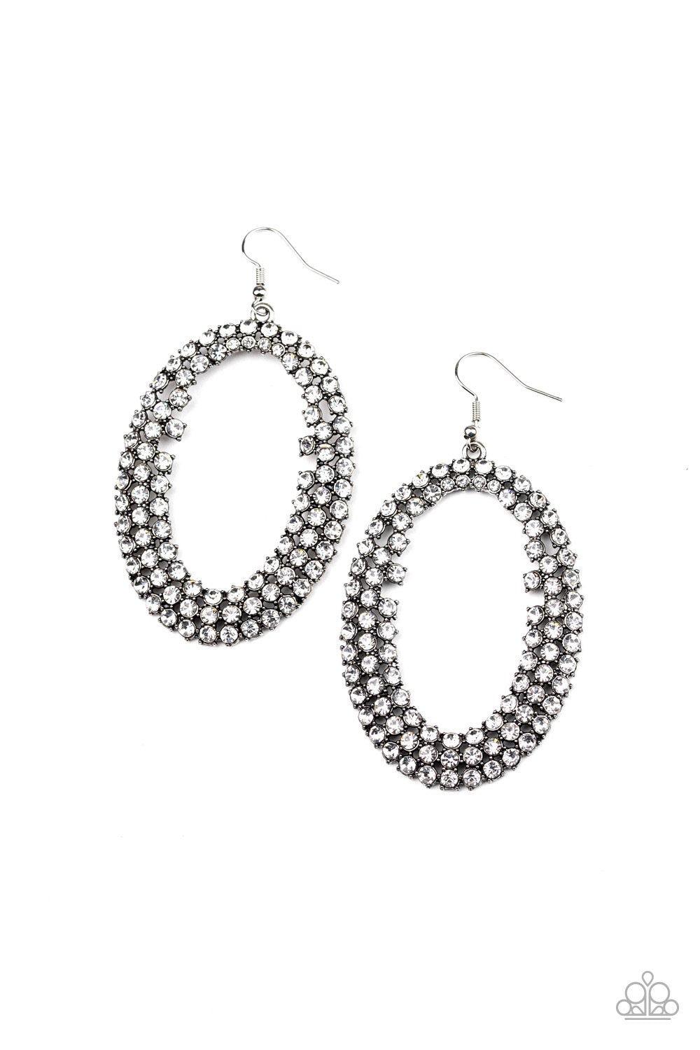 Paparazzi Accessories Radical Razzle - White Row after row of glittery white rhinestones encircle into an oversized hoop, creating a gritty glamorous look. Earring attaches to a standard fishhook fitting. Jewelry