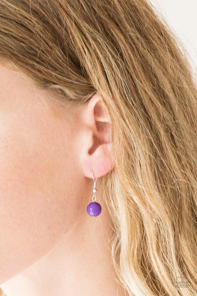 Paparazzi Accessories Bubbly Bright - Purple Infused with shimmery silver hoops, glassy and polished purple beads trickle along glistening silver chains for a bubbly look. Features an adjustable clasp closure. This Perfect Purple combination of earrings a