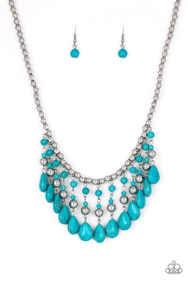 Paparazzi Accessories Rural Revival - Blue Shiny silver beads are threaded along an invisible wire below the collar. Infused with silver beaded accents, refreshing turquoise beads swing from the bottom of the beaded strand, creating an earthy fringe. Feat