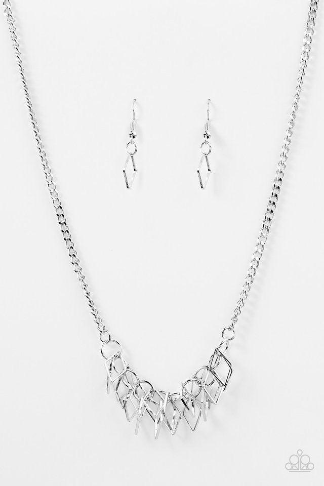 Paparazzi Accessories Beast Mode - Silver A thick silver chain gives way to a clustered fringe below the collar. Featuring a shiny finish, dainty diamond-shaped silhouettes swing from the bottom of the chain, creating a fierce fringe. Features an adjustab