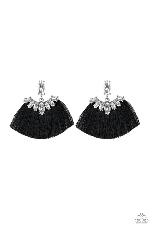 Paparazzi Accessories Formal Flair - Black A solitaire marquise-cut rhinestone gives way to a plume of shiny black thread crowned in a matching rhinestone encrusted fringe for a glamorous look. Earring attaches to a standard post fitting. Jewelry