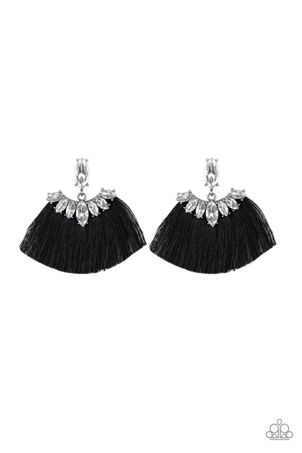 Paparazzi Accessories Formal Flair - Black A solitaire marquise-cut rhinestone gives way to a plume of shiny black thread crowned in a matching rhinestone encrusted fringe for a glamorous look. Earring attaches to a standard post fitting. Jewelry