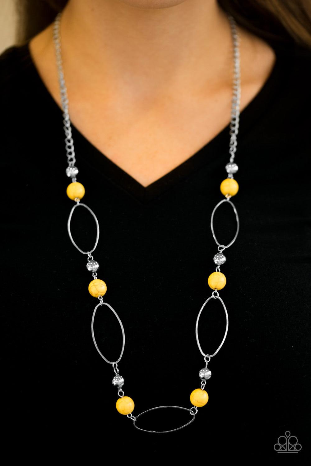 Paparazzi Accessories Simple Stonework - Yellow Sunny yellow stones and classic silver beads join airy silver hoops along a silver chain for a seasonal look. Features an adjustable clasp closure. Jewelry