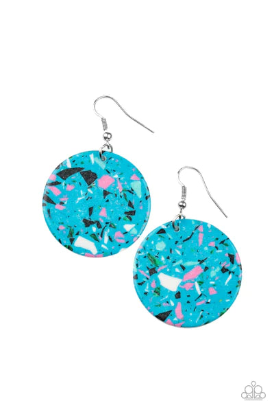 Paparazzi Accessories Tenaciously Terrazo - Blue Featuring a colorful terrazzo finish, a faux blue stone disc swings from the ear for a modern look. Earring attaches to a standard fishhook fitting. Sold as one pair of earrings. Jewelry
