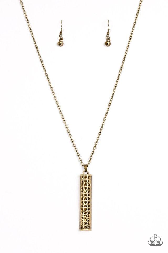 Paparazzi Accessories Big Shot Shimmer - Brass Featuring a rounded edge, a shimmery brass pedant is encrusted in rows of glittery aurum rhinestones for a dramatic look. Features an adjustable clasp closure. Sold as one individual necklace. Includes one pa