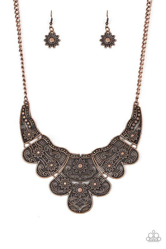 Paparazzi Accessories Mess With The Bull - Copper Embossed in whimsical floral detail, antiqued copper plates connect below the collar for a statement making look. Features an adjustable clasp closure. Sold as one individual necklace. Includes one pair of