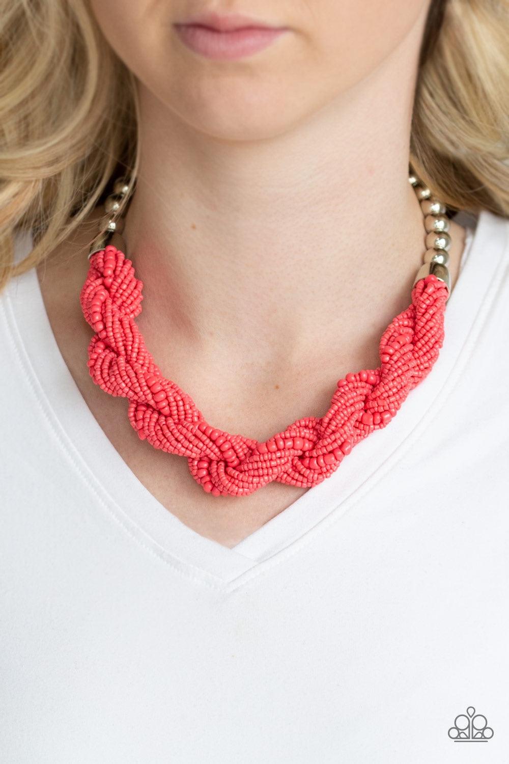 Paparazzi Accessories Savannah Surfin - Orange Glistening silver beads give way to strands of twisted Living Coral seed beads below the collar for a summery flair. Features an adjustable clasp closure. Jewelry