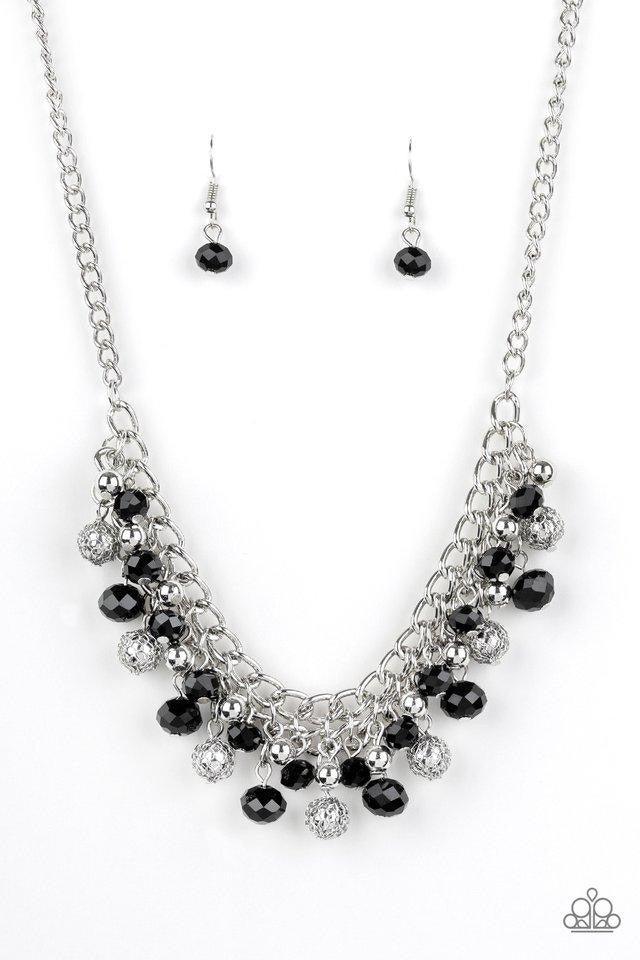 Paparazzi Accessories Party Spree - Black A collection of metallic net covered beads, shiny silver beads, and glittery black crystal-like beads swing from the bottom of interlocking silver chains, creating a refined fringe below the collar. Features an ad