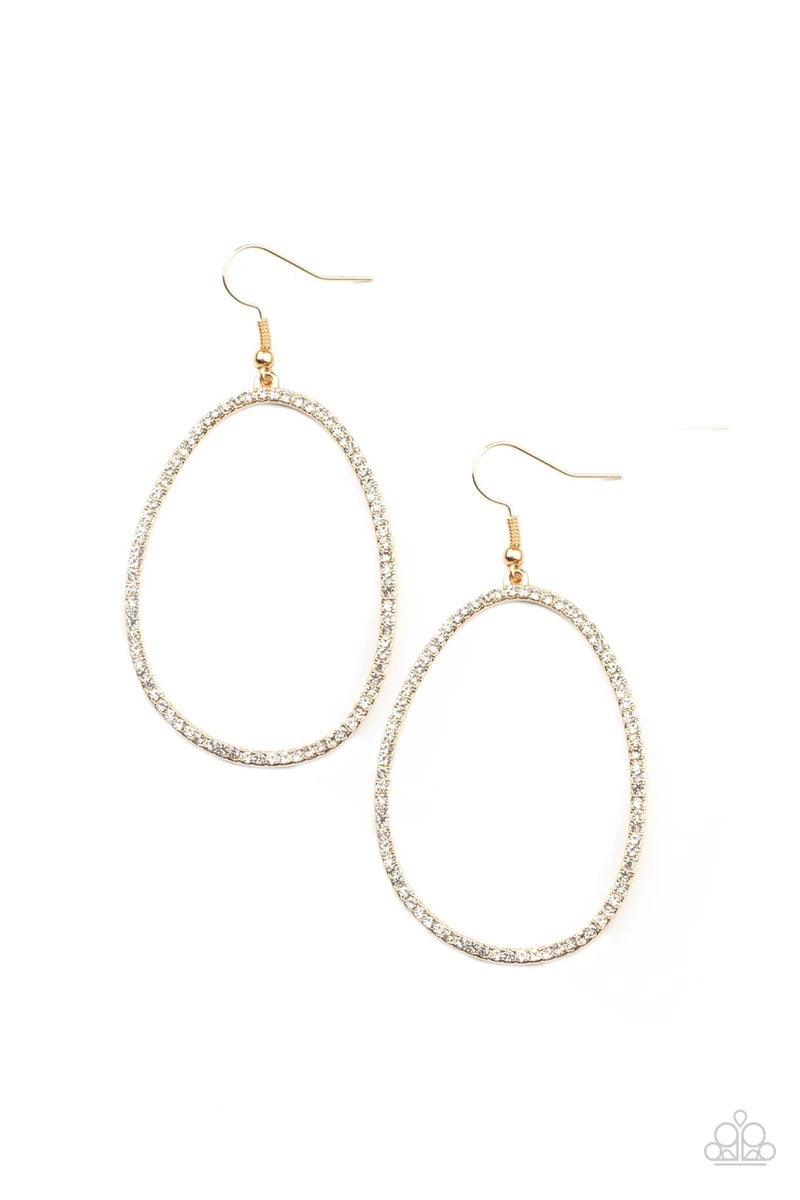 Paparazzi Accessories OVAL-ruled - Gold Dotted in dainty white rhinestones, an asymmetrical oval gold frame swings from the ear for a sassy look. Earring attaches to a standard fishhook fitting. Sold as one pair of earrings. Jewelry