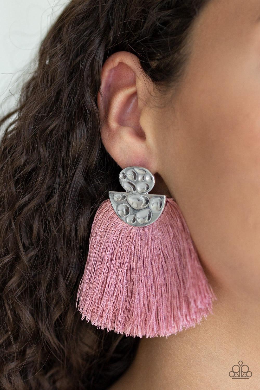 Paparazzi Accessories Make Some PLUME - Pink Delicately hammered in glistening details, a shimmery silver oval and half moon frame coalesce into an edgy lure. A plume of soft pink thread flares out from the bottom of the hammered frame, creating a vivacio