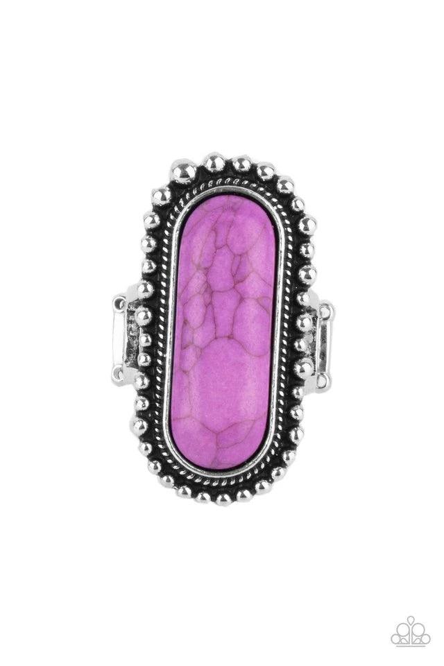 Paparazzi Accessories Sedona Scene ~Purple An oblong purple stone is nestled inside an oversized studded silver frame, creating a colorfully rustic centerpiece atop the finger. Features a stretchy band for a flexible fit. Rings