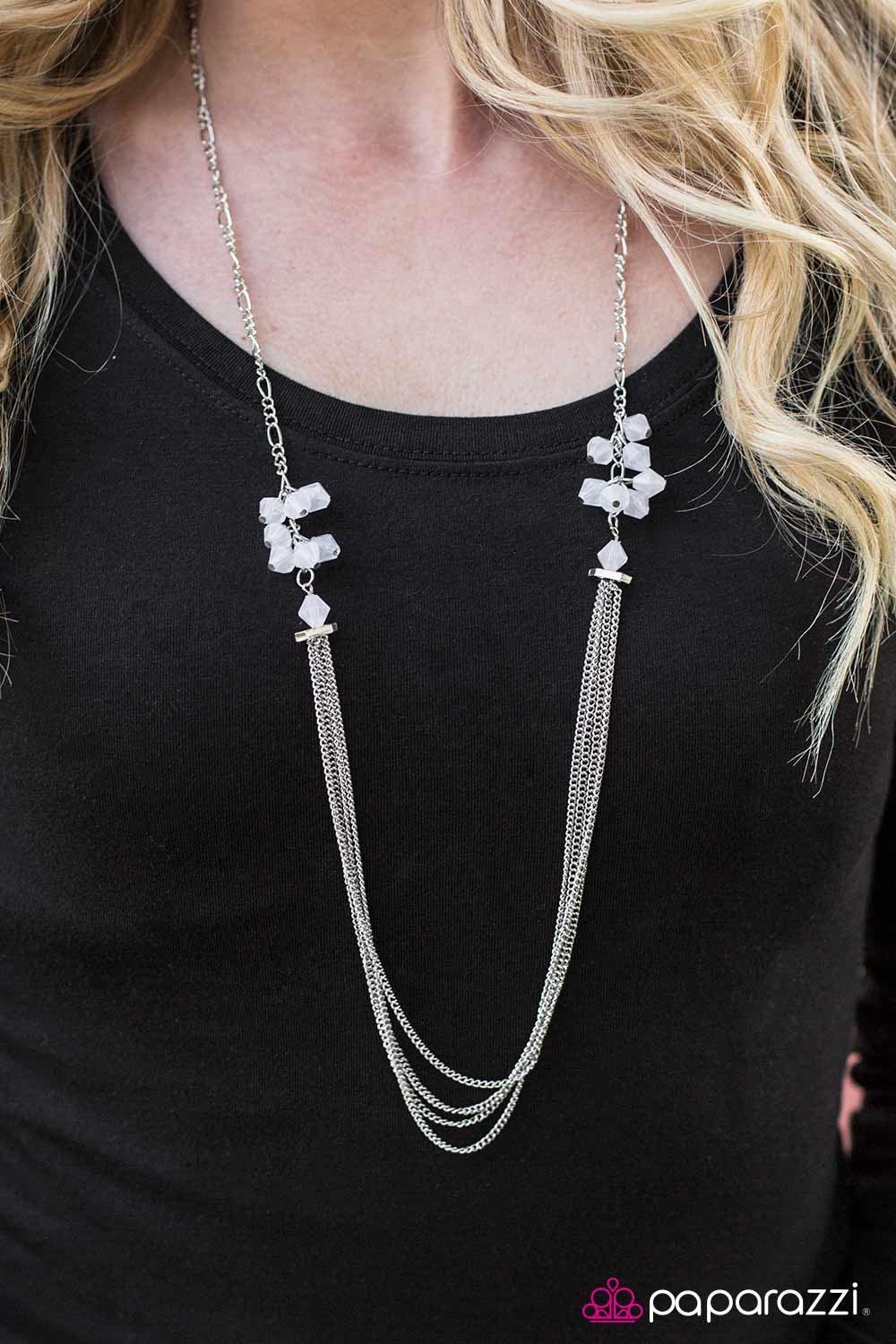 Paparazzi Accessories Movin and Groovin - White Faceted white gems give way to trestles of silver chains creating refined layers. Additional glittery gems climb the shimmery silver chains, adding a playful and flirty flair. Features an adjustable clasp cl