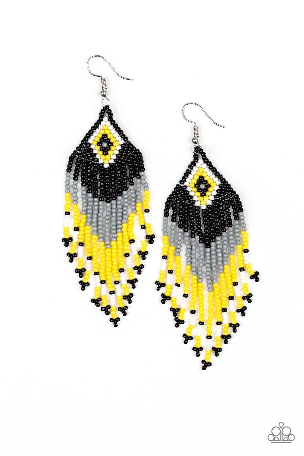 Paparazzi Accessories Wind-Blown Wanderer ~Multi Strands of black, gray, white, and yellow seed beads cascade from the bottom of a southwestern beaded pattern, creating a vivacious beaded fringe. Earring attaches to a standard fishhook fitting.
