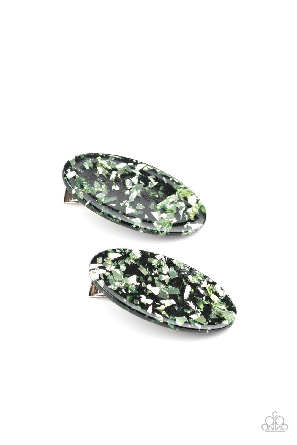 Paparazzi Accessories Get OVAL Yourself - Black Featuring green iridescent flecks, a pair of black oval hair clips pull back the hair for a retro look. Features a standard hair clip on the back. Hair Accessories