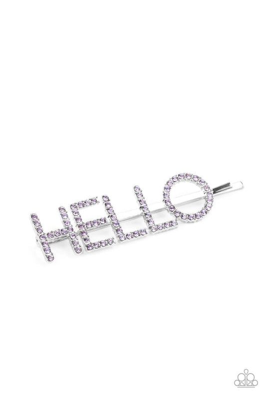 Paparazzi Accessories Hello There - Purple Encrusted in glittery purple rhinestones, the word, "Hello," is spelled out across the front of a classic silver bobby pin for a charming look. Sold as one individual bobby pin. Hair Accessories