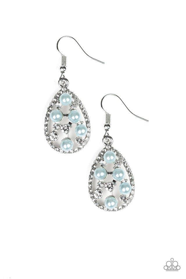 Paparazzi Accessories Fabulously Wealthy - Blue Glassy white rhinestones and pearly blue beads are sprinkled along the center of a rhinestone encrusted teardrop for a glamorous look. Earring attaches to a standard fishhook fitting. Jewelry