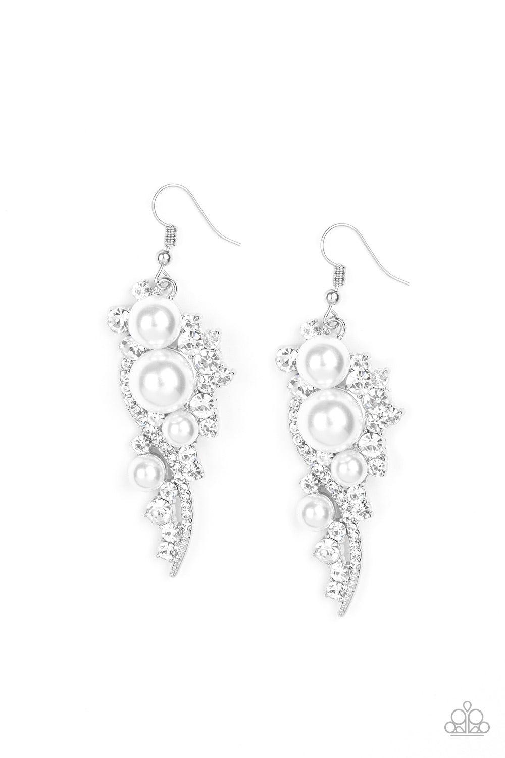 Paparazzi Accessories High-End Elegance - White Bubbly white pearls dot a glistening silver frame interwoven with ribbons of glittery white rhinestones, creating an elegant lure. Earring attaches to a standard fishhook fitting. Jewelry