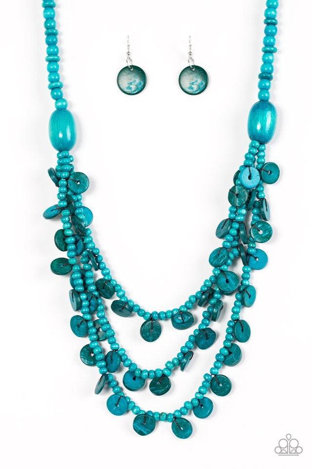 Paparazzi Accessories Safari Samba ~Blue Brushed in a refreshing blue finish, two bold wooden beads give way to summery layers. Brushed in a distressed finish, dainty wooden discs swing from the bottom of the layers for a flirty finish.
