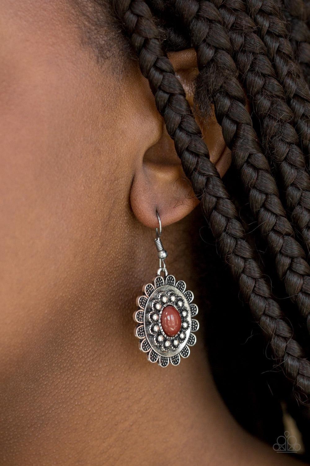 Paparazzi Accessories Summer Blooms - Brown A robust brown bead is pressed into the center of an ornate floral frame for a summery look. Earring attaches to a standard fishhook fitting. Jewelry