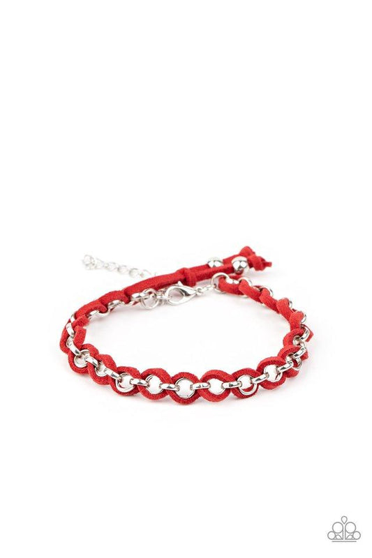 Paparazzi Accessories SUEDE Side to Side - Red Dainty strands of Samba suede are delicately braided around and through a round silver chain for an edgy look. Features an adjustable clasp closure. Sold as one individual bracelet. Jewelry