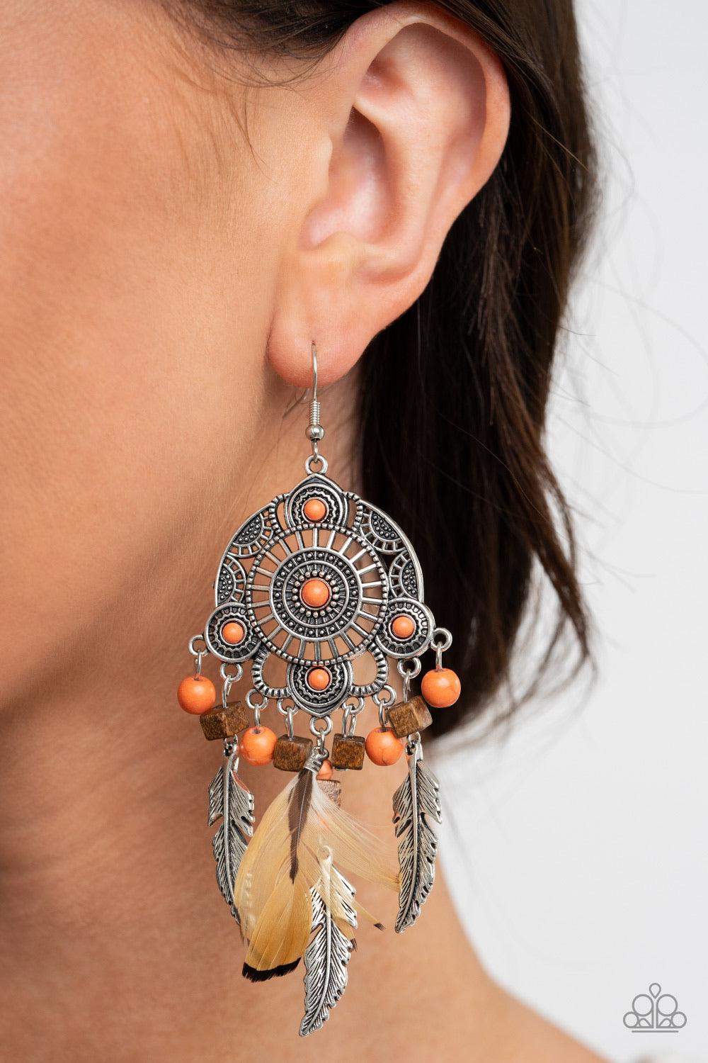 Paparazzi Accessories Desert Plains - Orange Radiating with studded patterns, an orange stone dotted silver frame gives way to a whimsical collection of silver feather charms, wooden cube beads, refreshing orange stones, and a brown feather, creating a wh