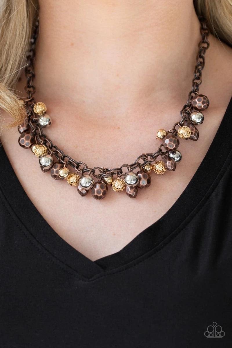 Paparazzi Accessories Building My Brand - Multi Featuring shiny, faceted, and mesh finishes, mismatched copper, gold, and silver beads trickle below the collar for an edgy industrial look. Features an adjustable clasp closure. Sold as one individual neckl