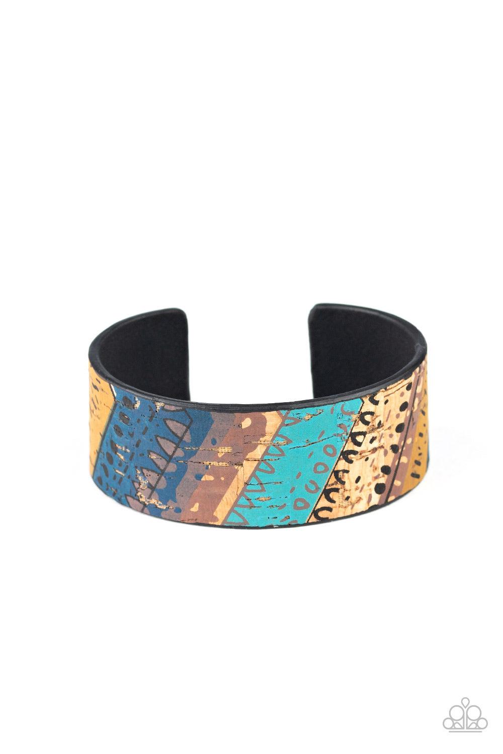 Paparazzi Accessories Came Uncorked - Blue Featuring refreshing blue accents, patches of cork-like textures coalesce across the front of a cuff for a tribal inspired look. Jewelry