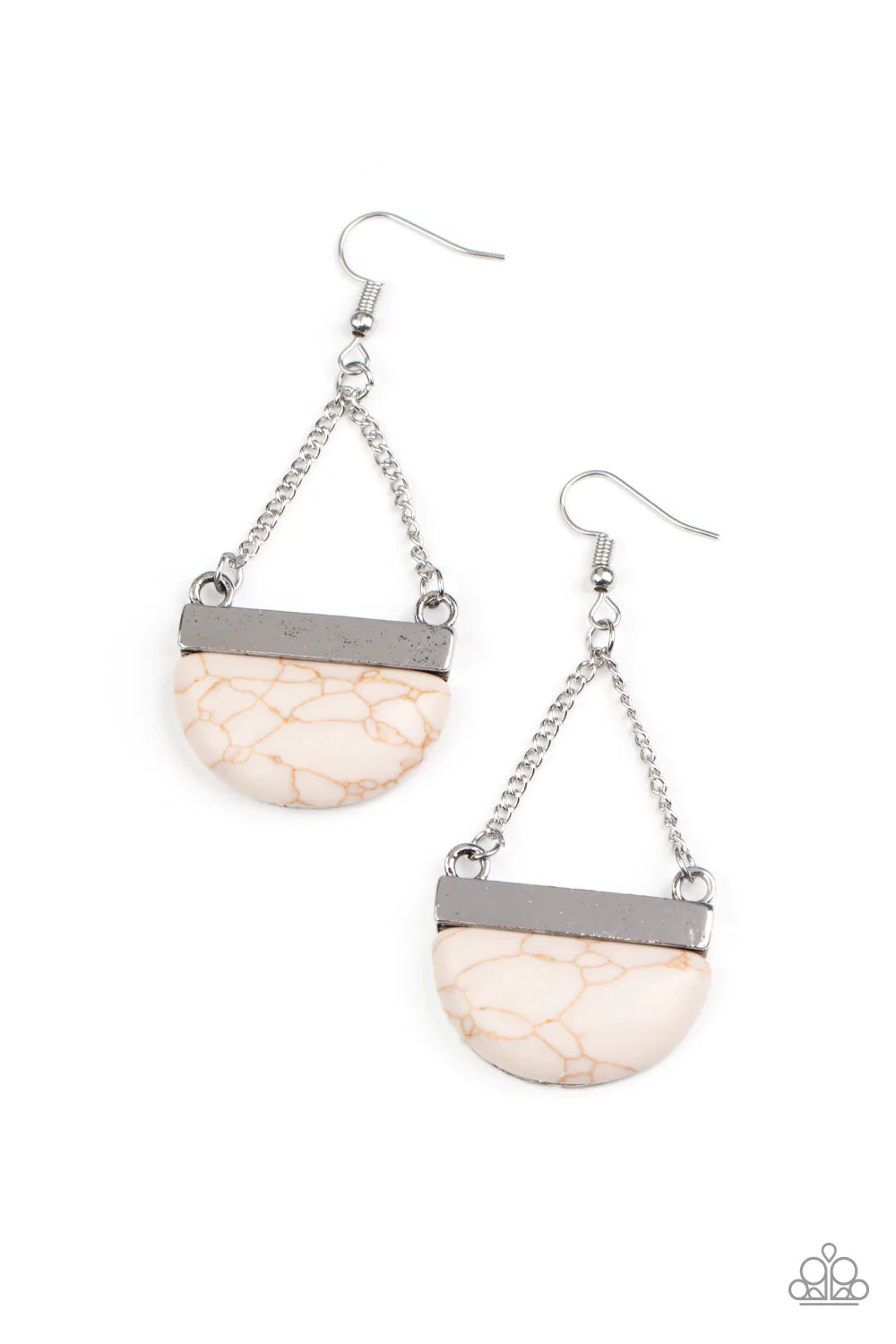 Paparazzi Accessories Mesa Mezzanine - White Chiseled into a half moon, an earthy white stone attaches to a rectangular silver frame at the bottom of two silver chains, creating a tranquil lure. Earring attaches to a standard fishhook fitting. Sold as one