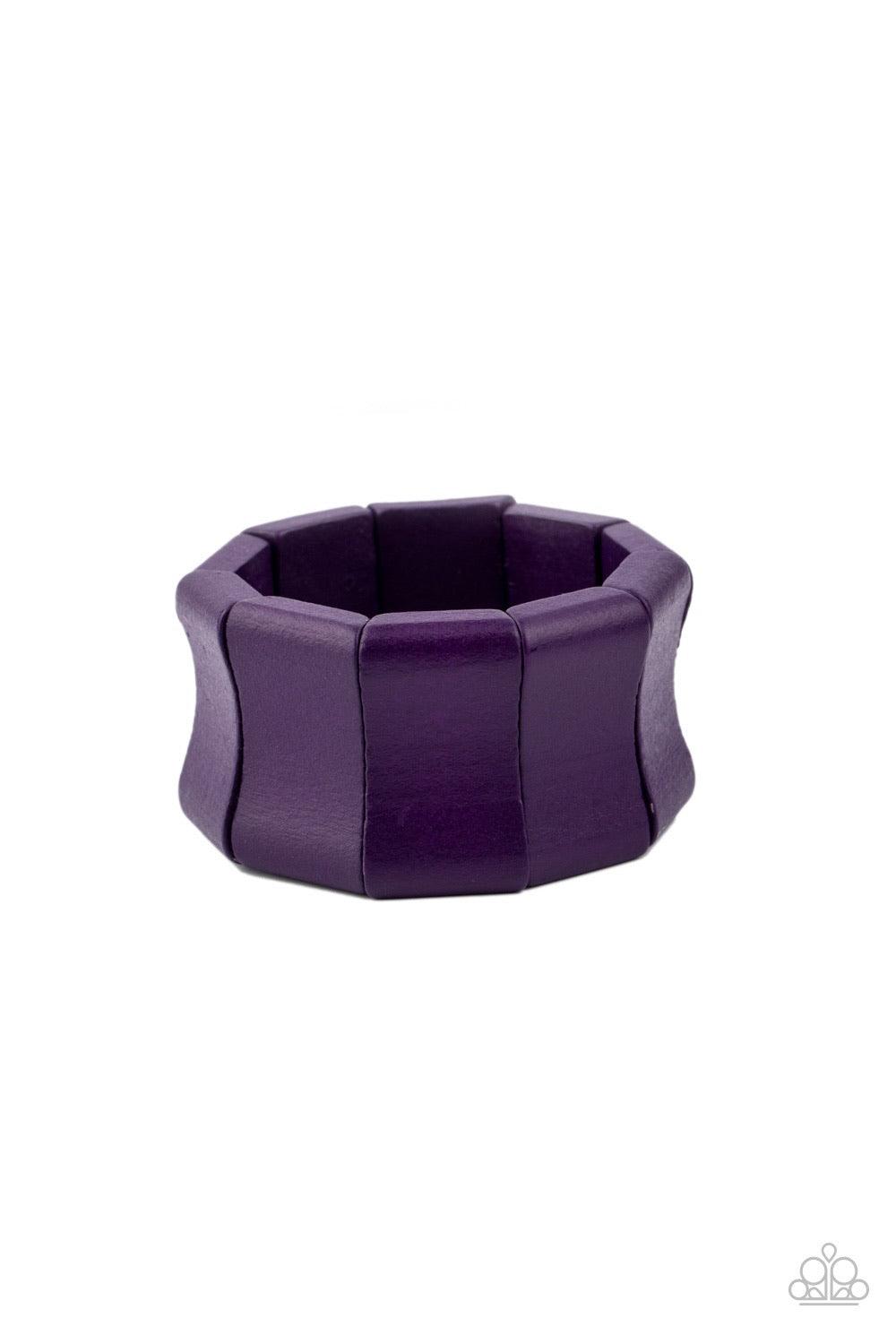 Paparazzi Accessories Caribbean Couture - Purple Featuring curved rectangular shapes, oversized vivacious purple wooden beads are threaded along stretchy bands around the wrist for a bold summer look. Sold as one individual bracelet. Jewelry