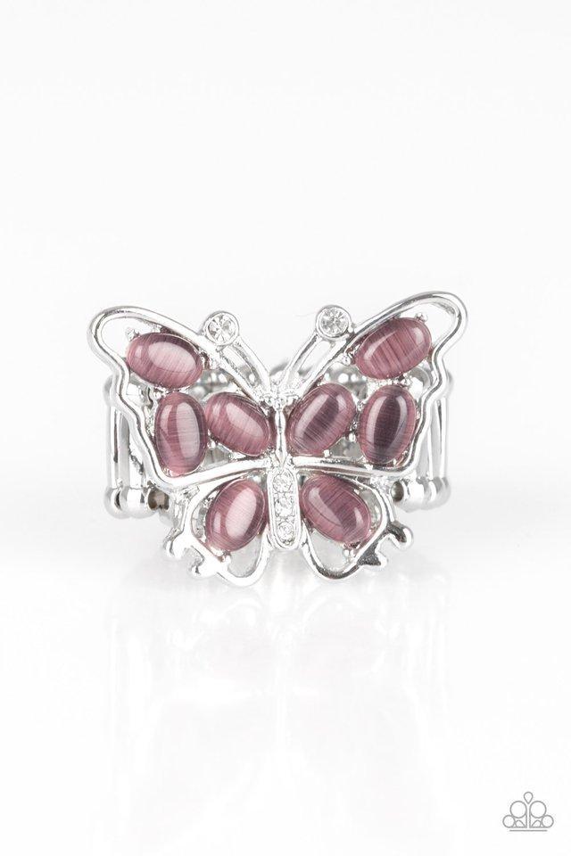 Paparazzi Accessories Fluted Flair - Purple Dotted with glittery white rhinestones, a purple moonstone encrusted butterfly perches atop the finger for a whimsical flair. Features a stretchy band for a flexible fit. Sold as one individual ring. Jewelry