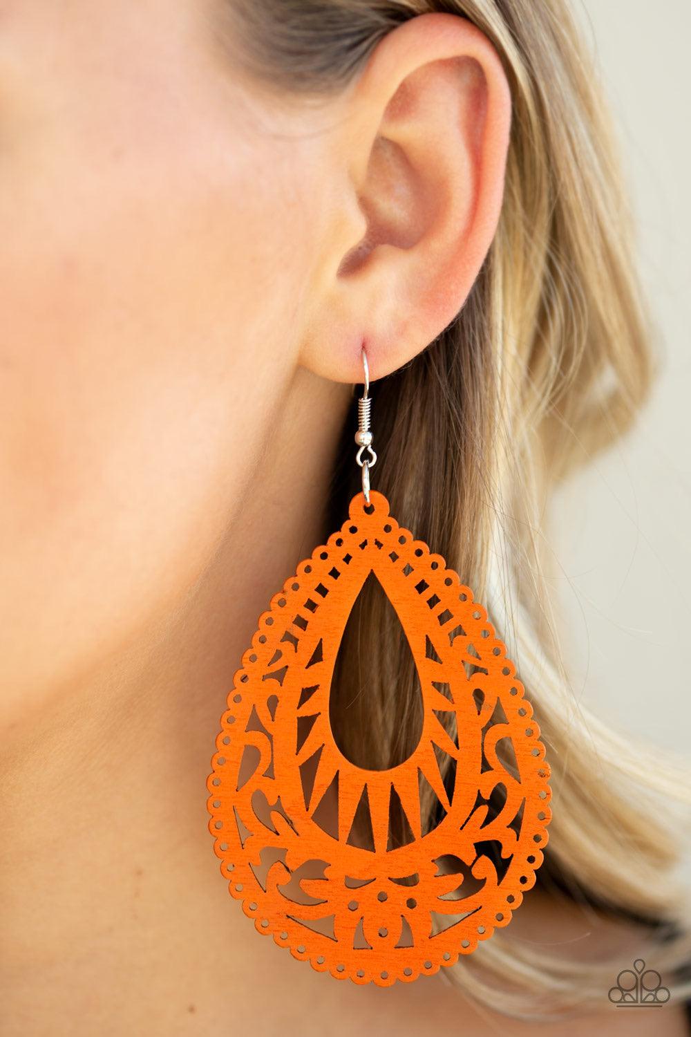 Paparazzi Accessories Zesty Zen - Orange Painted in a vivacious orange finish, an airy wooden frame swirling with filigree detail swings from the ear for a seasonal look. Earring attaches to a standard fishhook fitting. Jewelry