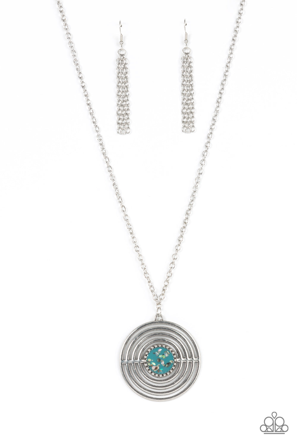 Paparazzi Accessories Targeted Tranquility - Blue Flecked in iridescent shell-like accents, a studded blue frame adorns the center of an oversized silver pendant rippling with concentric circles at the bottom of an extended silver chain for a dizzying pop