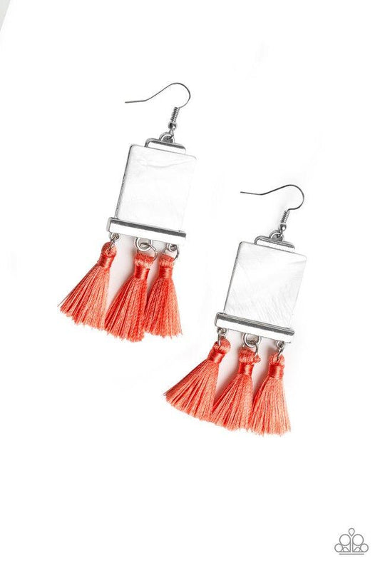 Paparazzi Accessories Tassel Retreat - Orange A rectangular shell-like accent is nestled into a shiny silver frame. A trio of shiny coral threaded tassels swing from the bottom of the incandescent frame for a flirtatious finish. Earring attaches to a stan