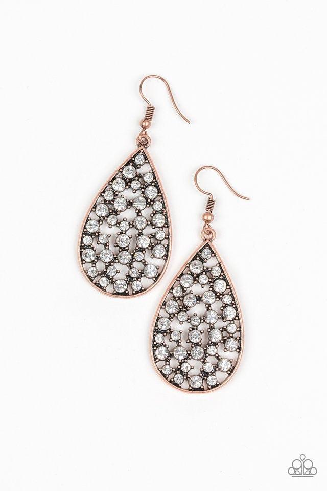 Paparazzi Accessories Call Me Ms Universe - Copper Hints of copper frames and glassy white rhinestones collect inside an airy copper teardrop, creating a gorgeous lure. Earring attaches to a standard fishhook fitting. Jewelry