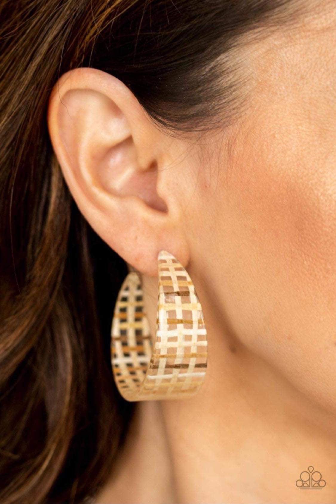 Paparazzi Accessories Retro Remedy - Multi Featuring an Almond Oil wicker-like pattern, a clear acrylic hoop curls around the ear for a retro look. Earring attaches to a standard post fitting. Hoop measures approximately 1 1/2" in diameter. Sold as one pa