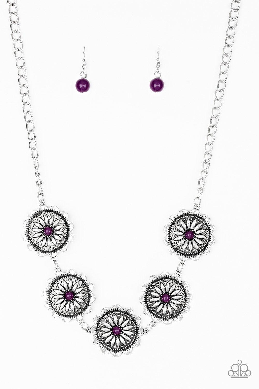 Paparazzi Accessories Me-dallions, Myself, and I - Purple Infused with shiny plum beaded centers, ornate floral stamped frames link below the collar for a colorfully, seasonal look. Features an adjustable clasp closure. Sold as one individual necklace. In