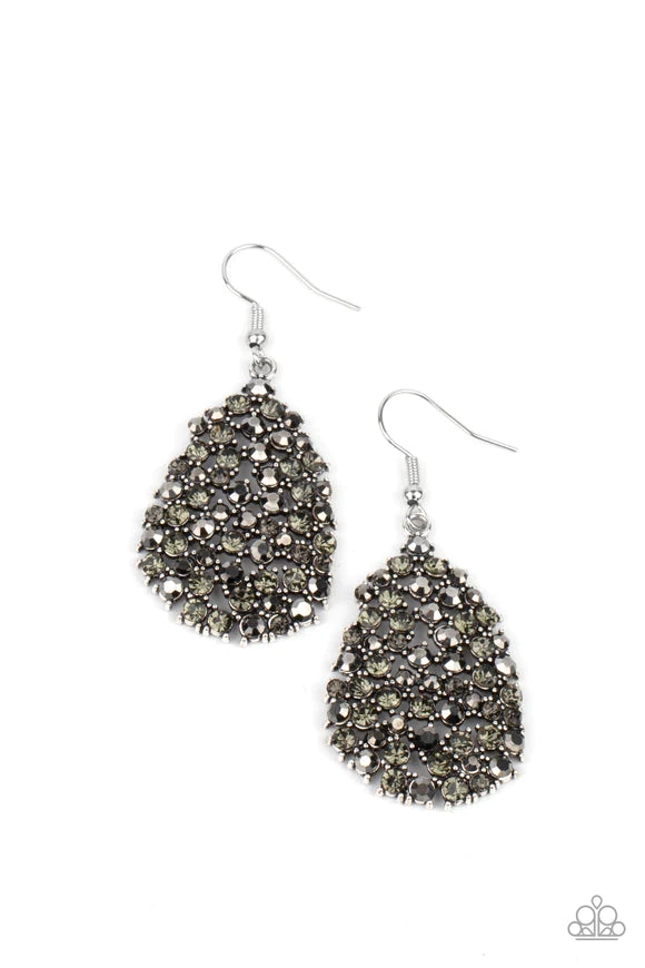 Paparazzi Accessories Daydreamy Dazzle - Silver Featuring studded silver fittings, a smoldering collection of smoky and hematite rhinestones coalesce into a dazzling teardrop frame. Earring attaches to a standard fishhook fitting. Sold as one pair of earr