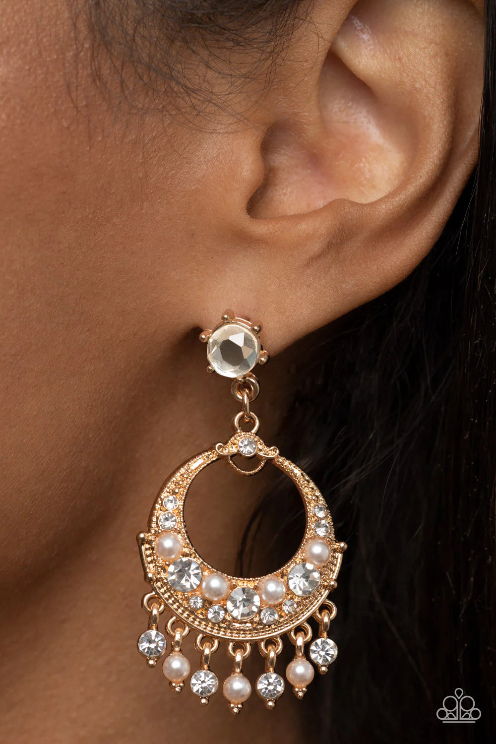 Paparazzi Accessories Marrakesh Request - Gold White pearl and white rhinestone dotted frames dance from the bottom of an ornate gold hoop encrusted in matching bubbly accents, resulting in a timeless fringe at the bottom of a solitaire white rhinestone.