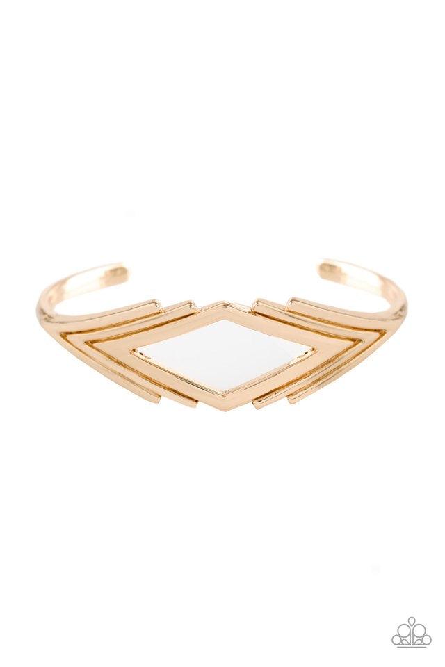 Paparazzi Accessories In Total De-NILE - Gold Brushed in a high-sheen finish, glistening V-shaped frames join into a dainty cuff. The airy center allows the skin to peek beneath the geometric frame for a natural finish. Jewelry