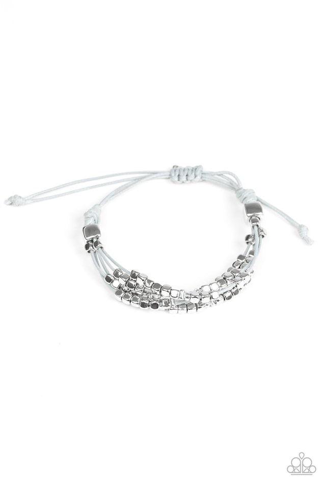 Paparazzi Accessories Modern Minimalism - White A collection of dainty silver beads and glistening silver cubes are threaded along strands of shiny gray cording around the wrist for a minimalist inspired look. Features an adjustable sliding knot closure.