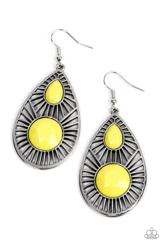 Paparazzi Accessories Prima Donna Diva - Yellow An oversized pair of faceted round and teardrop Illuminating beads embellish the front of a shiny silver teardrop radiating with linear stenciled patterns, resulting in a colorful lure. Earring attaches to a