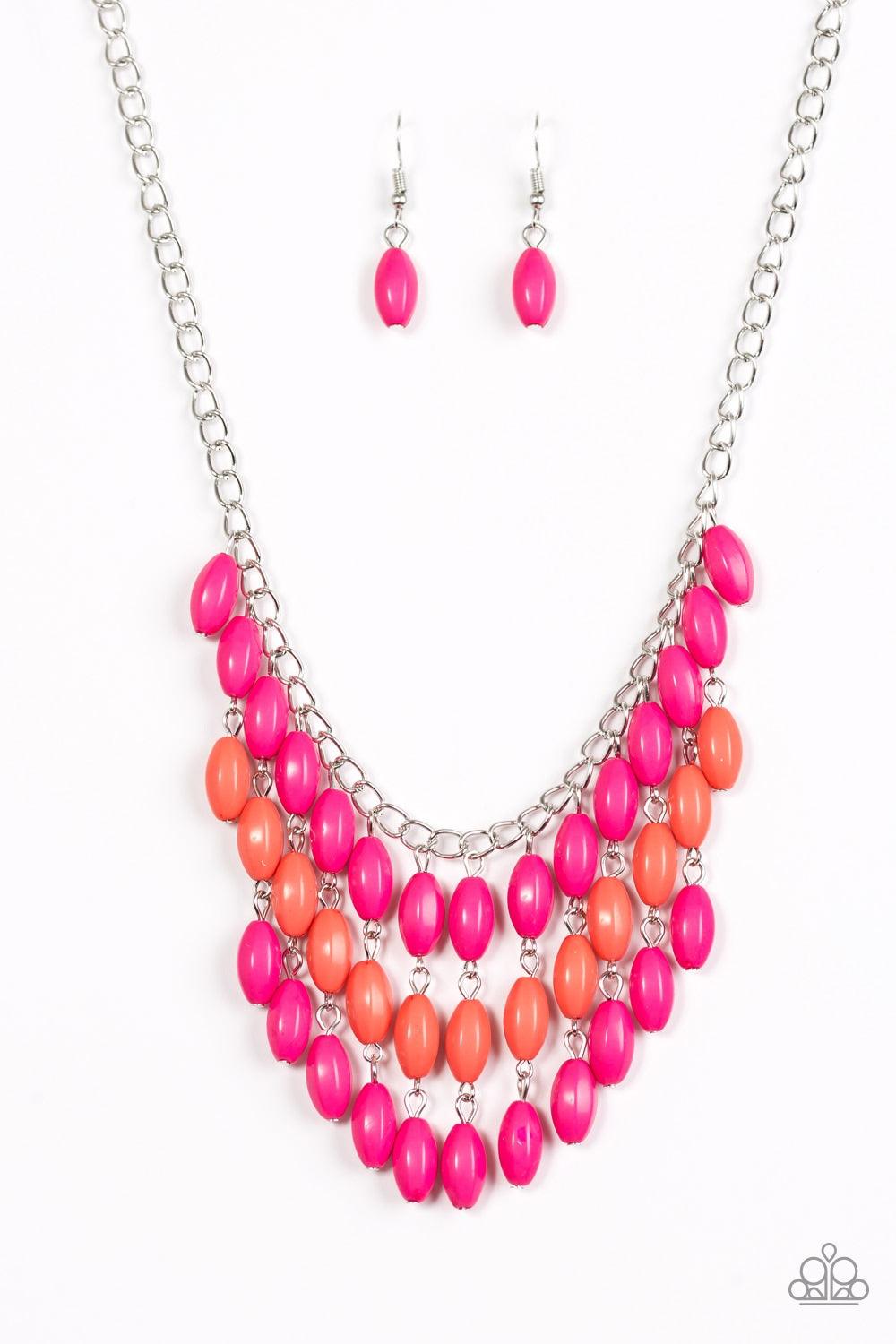 Paparazzi Accessories Delhi Diva - Pink Faceted pink and orange beads cascade from the bottom of a shimmery silver chain, creating a flirty fringe below the collar. Features an adjustable clasp closure. Jewelry