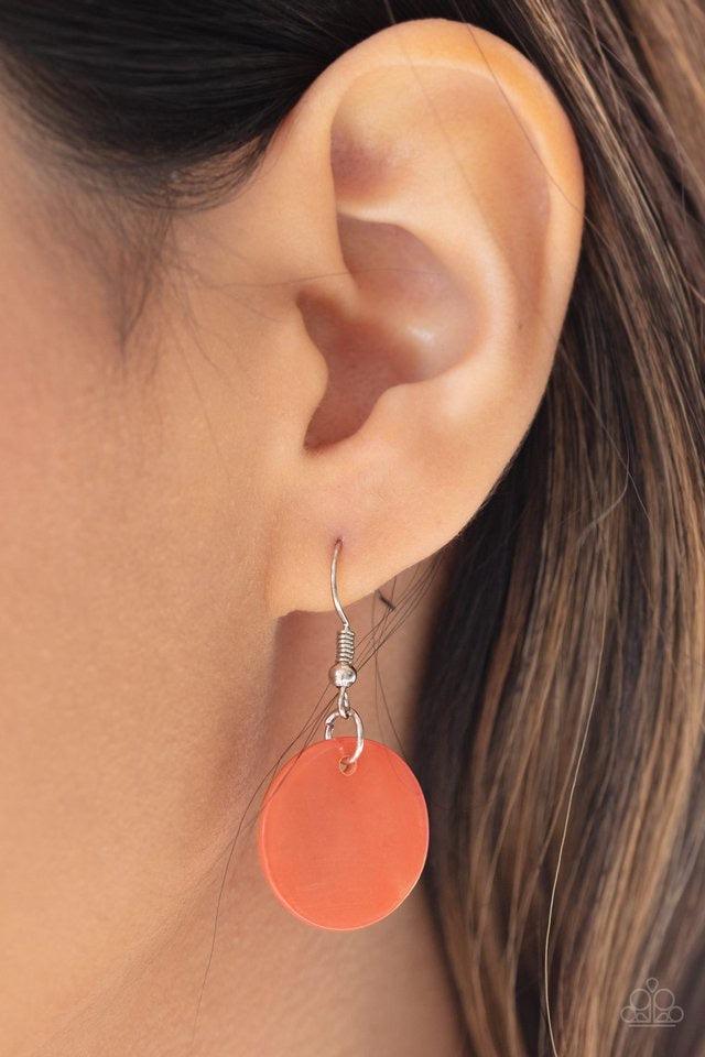 Paparazzi Accessories A Top-SHELLer - Orange A textured silver disc links with a coral shell-like frame at the bottom of a section of thick silver chain, creating a summery pendant. Features an adjustable clasp closure. Jewelry