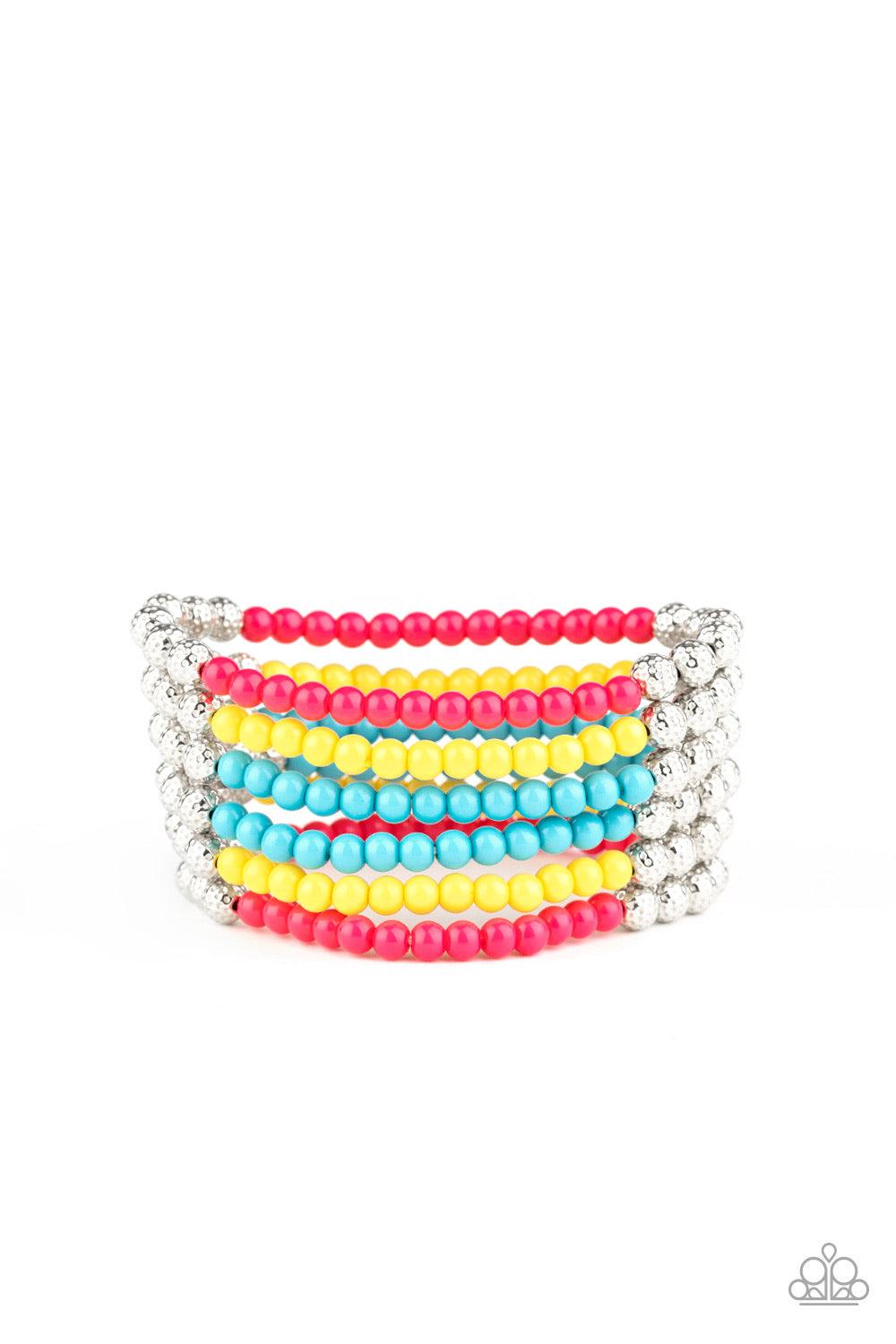 Paparazzi Accessories LAYER It On Thick ~Multi Held together with silver fittings, row after row of ornate silver and polished pink, yellow, and blue beads are threaded along stretchy bands around the wrist for a colorful fashion.