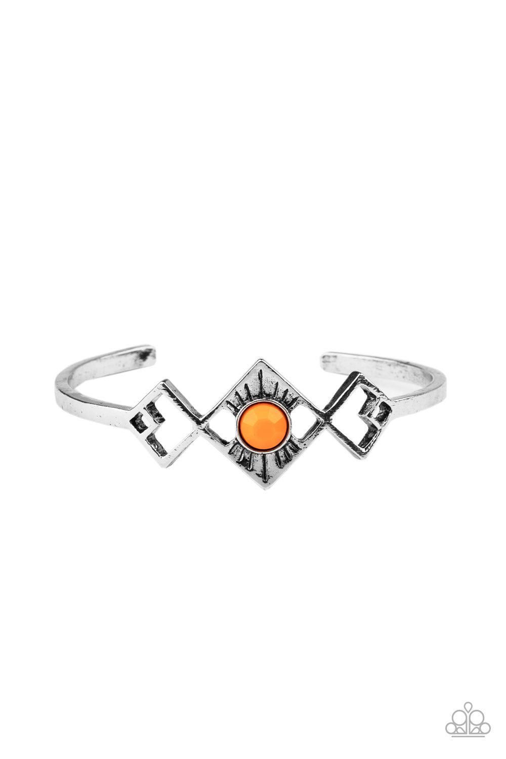 Paparazzi Accessories Dainty Deco - Orange Featuring an orange beaded center, tilted square frames attach to a dainty silver cuff, creating an abstract centerpiece. Sold as one individual bracelet. Jewelry