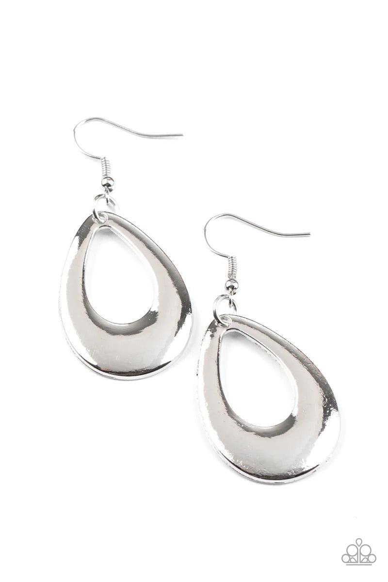 Paparazzi Accessories All Allure, All The Time - Silver A thick silver teardrop frame drips from the ear, creating an alluring lure. Earring attaches to a standard fishhook fitting. Sold as one pair of earrings. Jewelry