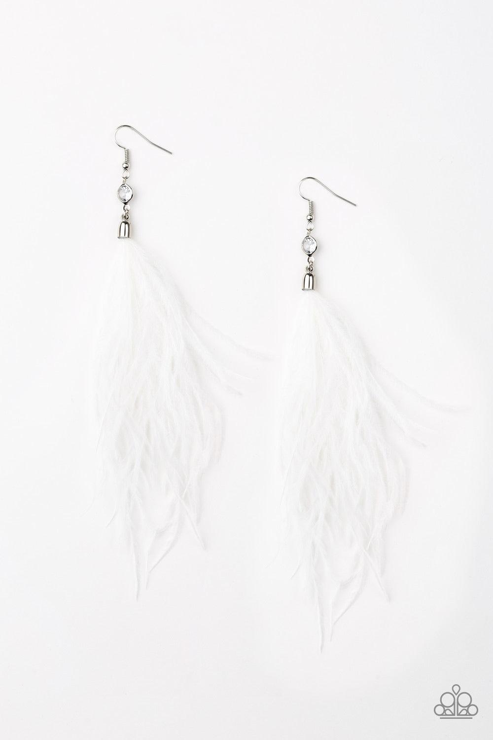 Paparazzi Accessories The SHOWGIRL Next Door - White A soft plume of white feathers attaches to a dainty white rhinestone frame, creating a flirtatious fringe. Earring attaches to a standard fishhook fitting. Jewelry
